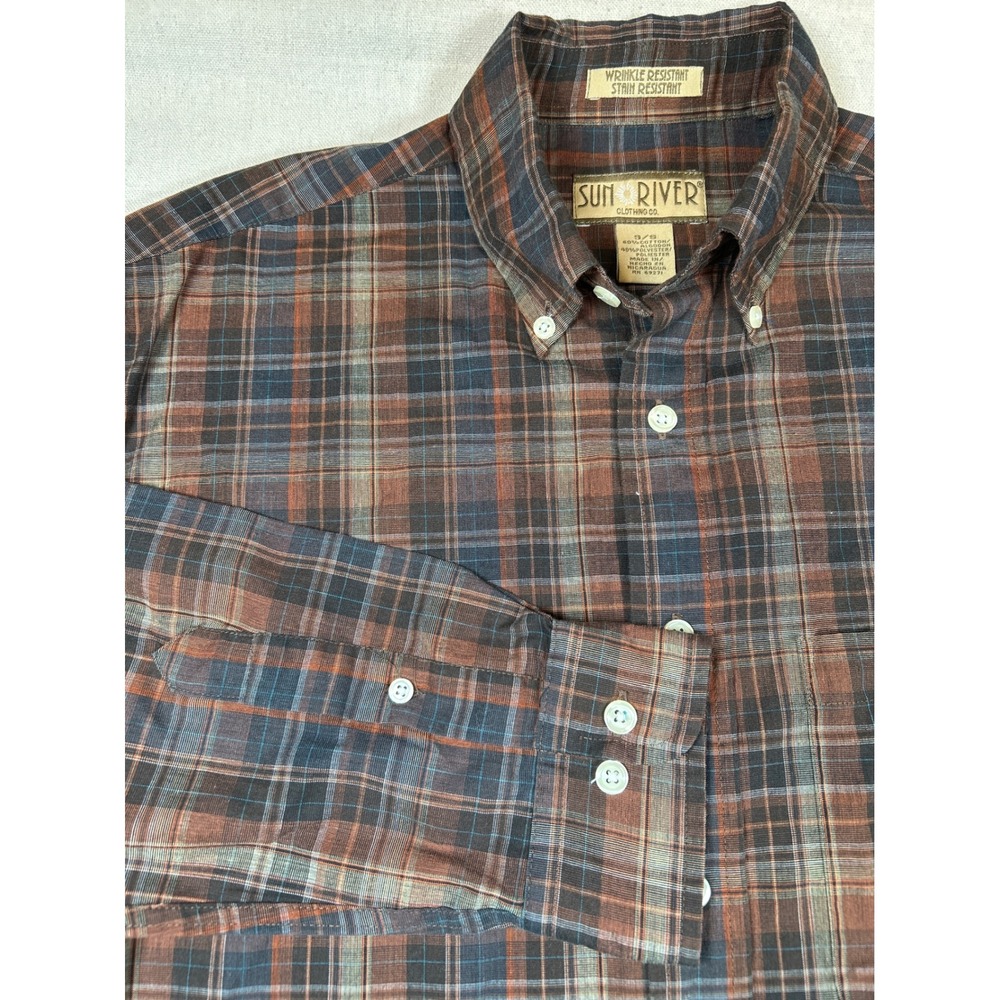 SunRiver Mens Small Brown Plaid Button Down Shirt Wrinkle Stain Resistant